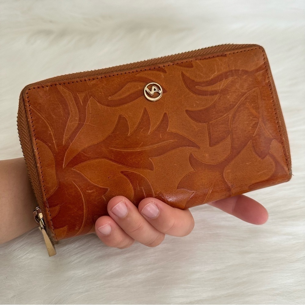 Valentina Italy Embossed Genuine Leather Floral Zip Around Wallet